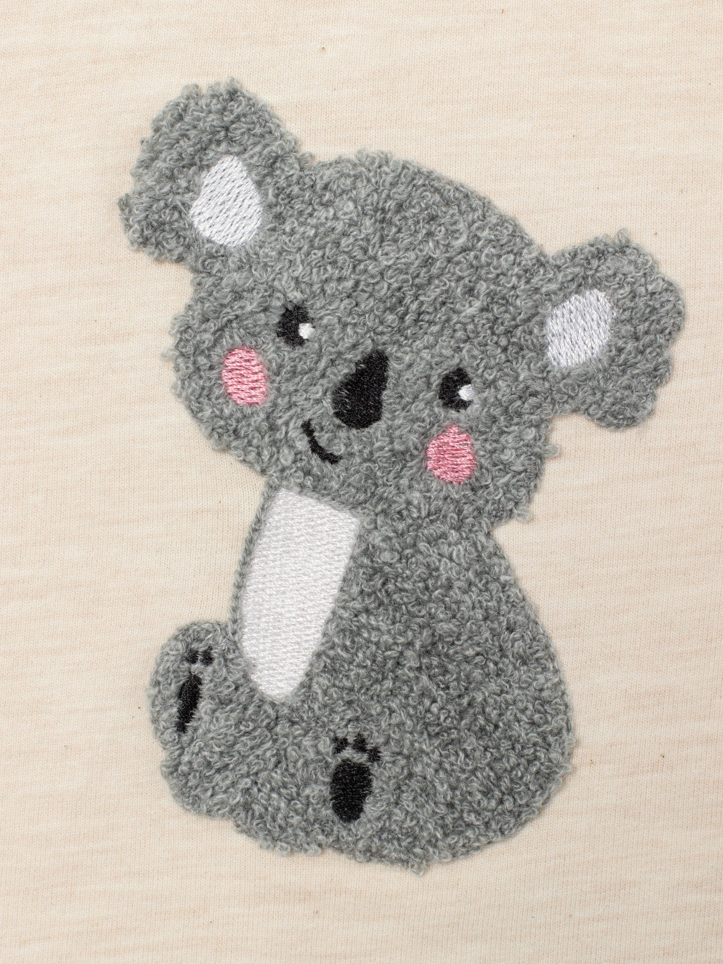 Two Piece Chenille (Koala) Embroidery Flutter Sweatshirt & Jogger Set - Ecru