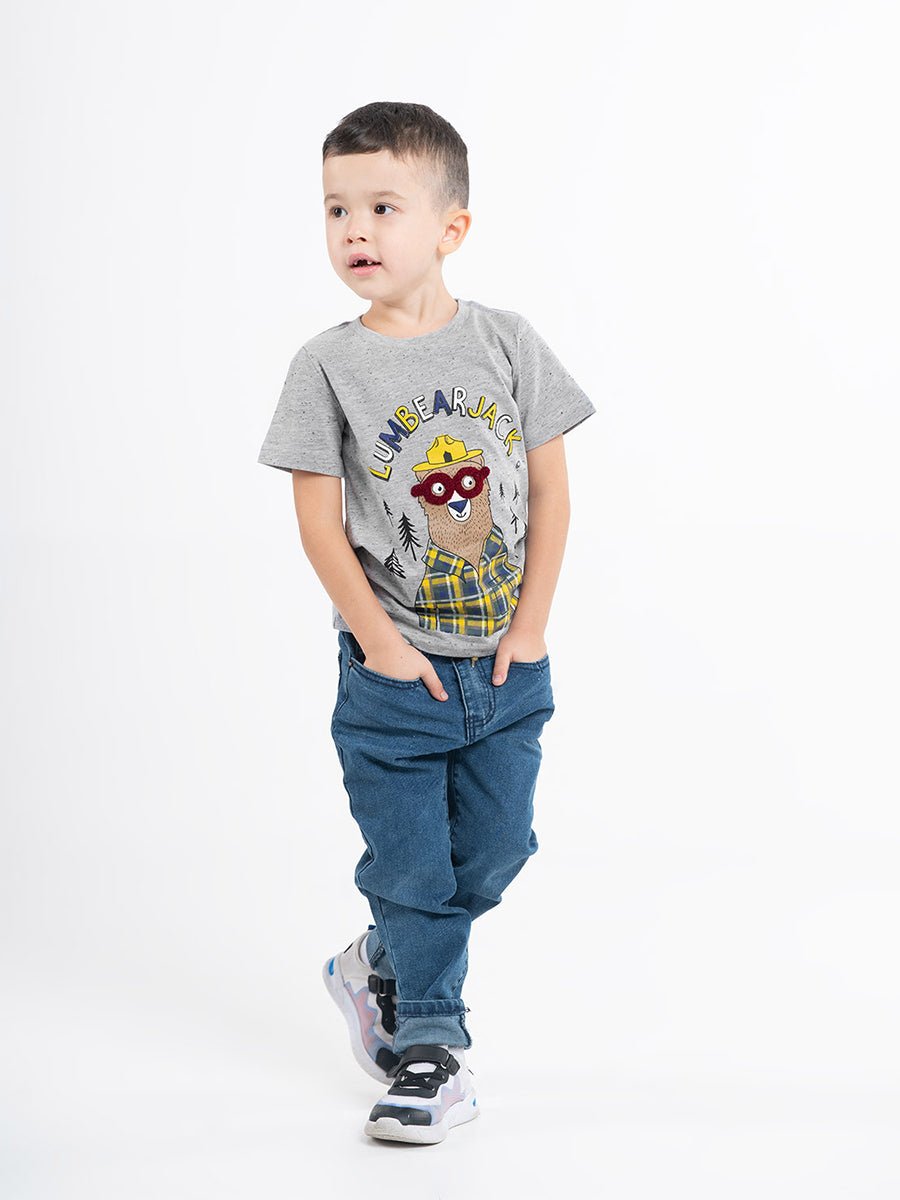 Boys Grey T-shirt with Lumbearjack Print