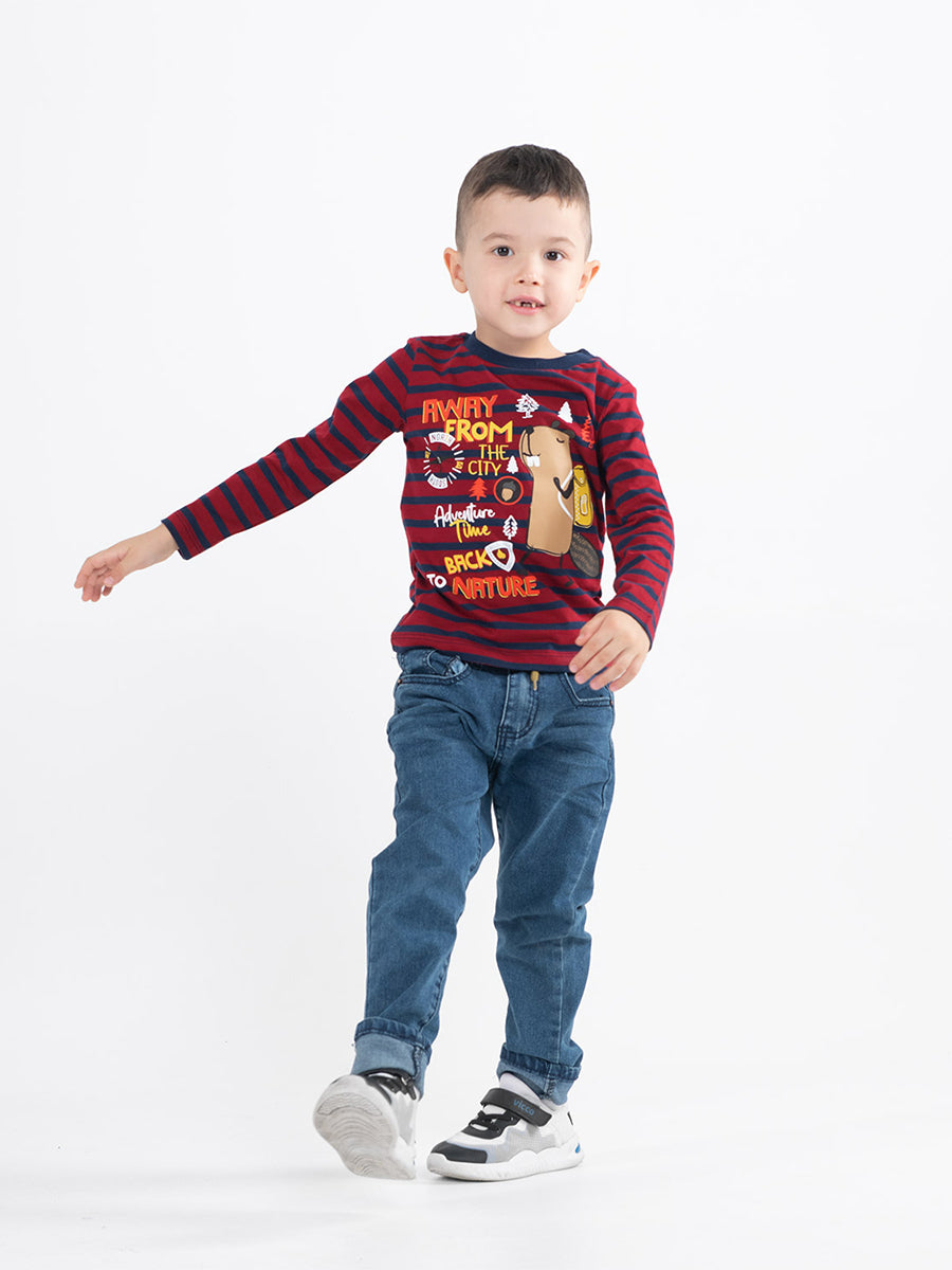 Boys Red Long Sleeve T-shirt with Cool Beaver Print