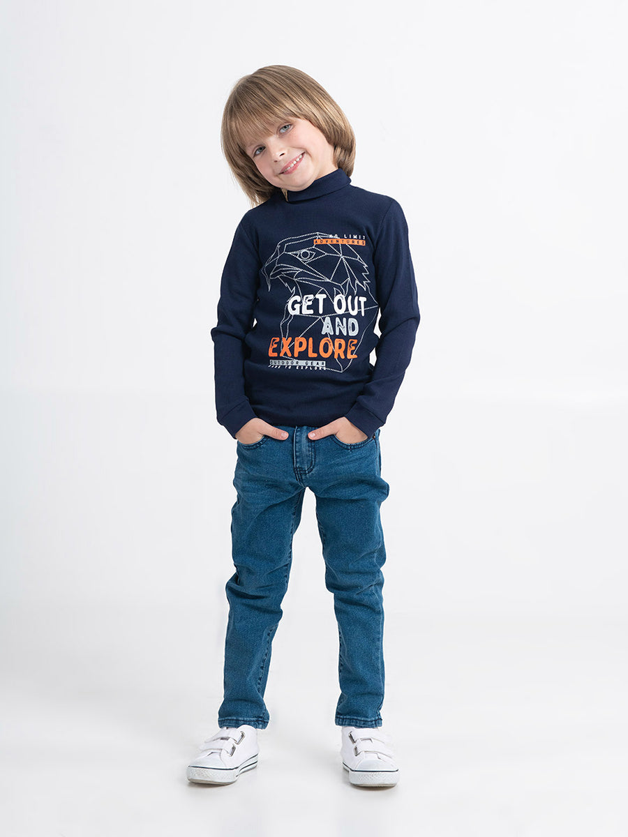 Boys Dark Blue Turtleneck with Explore Print