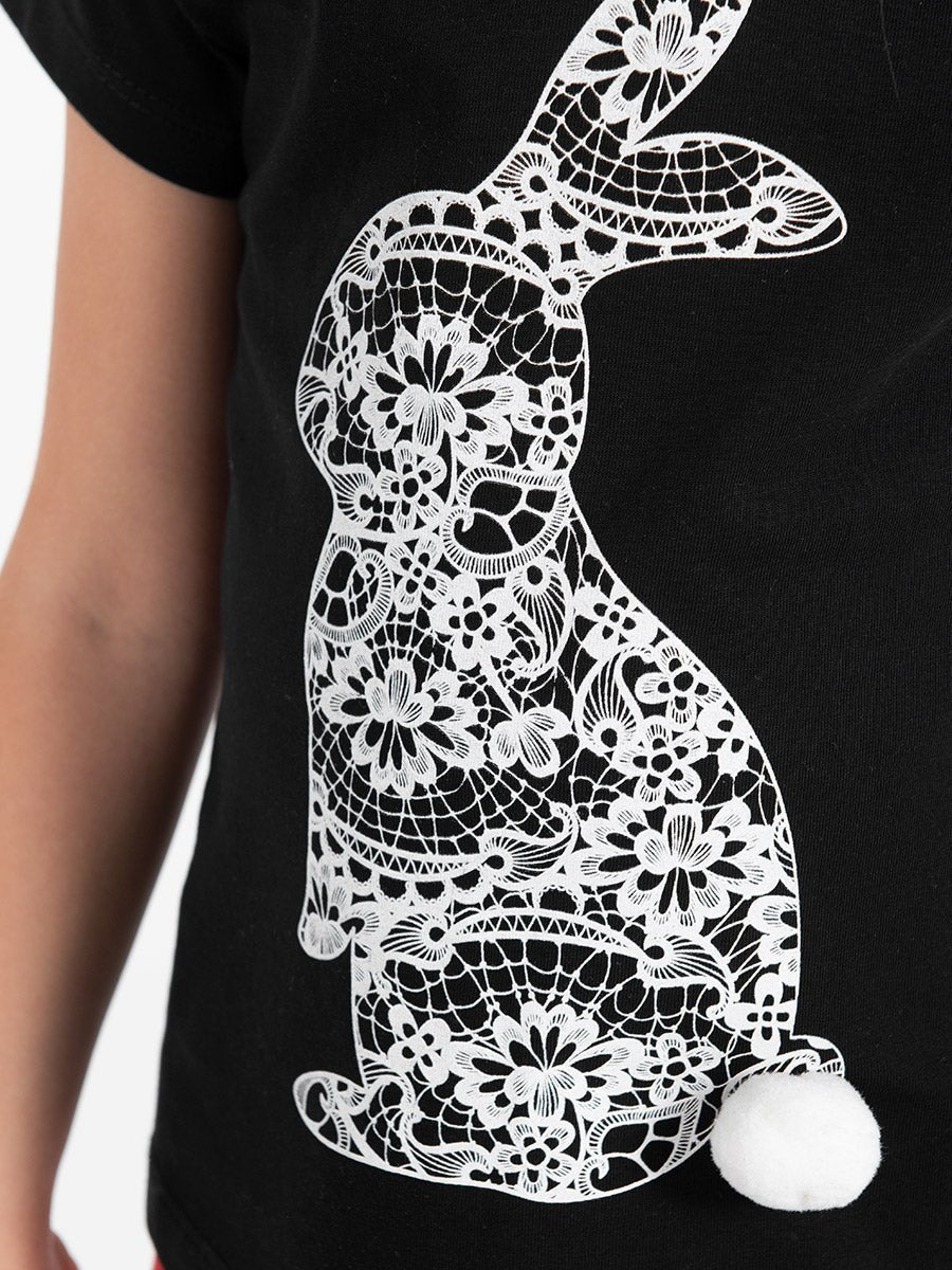 Girls Black T-shirt with Lace Rabbit Print