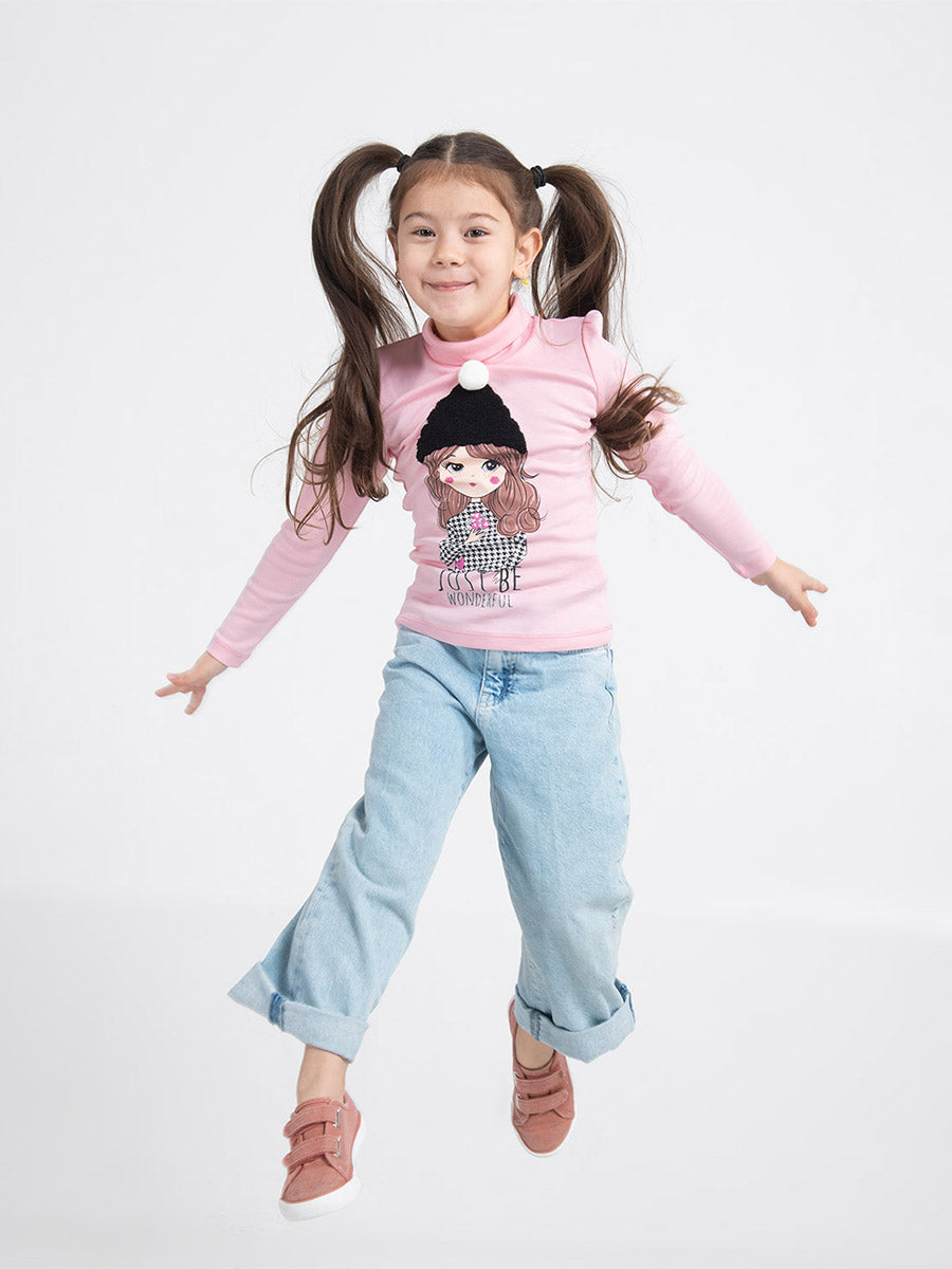 Girls Pink Turtleneck with Girl in Hat Print