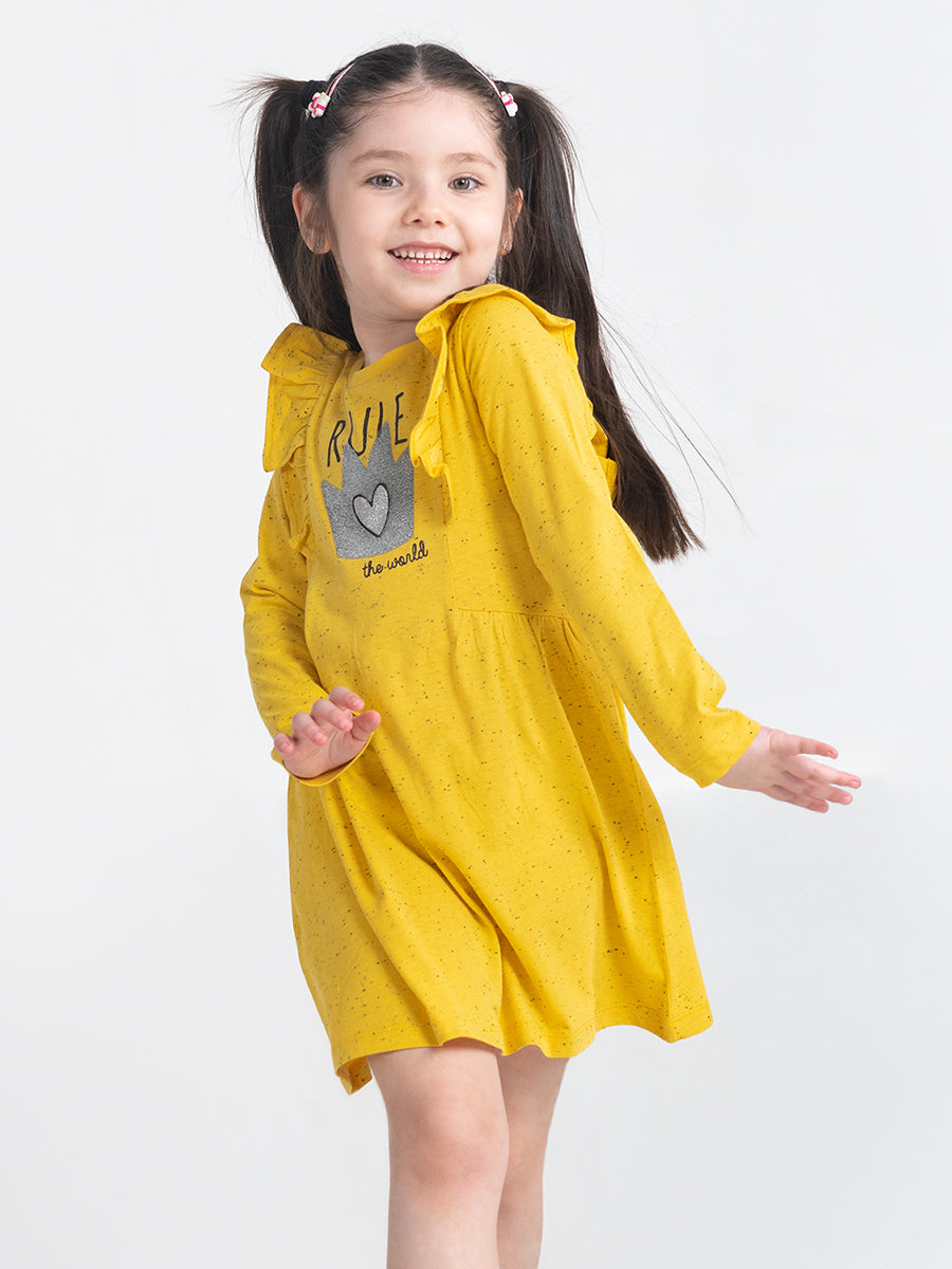 Girls Yellow Dress with Rule the World Print