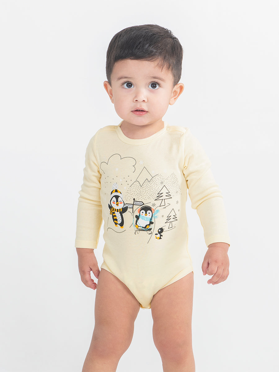 Newborn Baby Boys Ecru Bodysuit with Penguin Friends Print