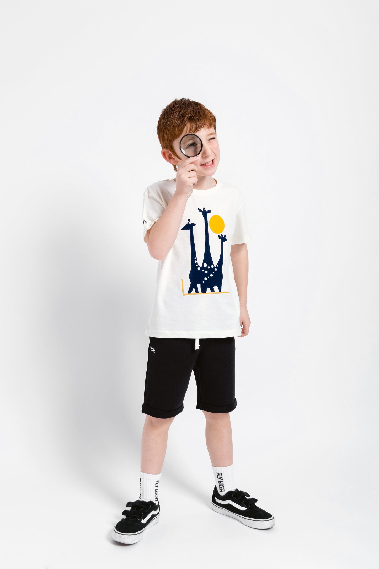 Short Sleeve T-Shirt with (Giraffe Family) Flock Graphic Print - White