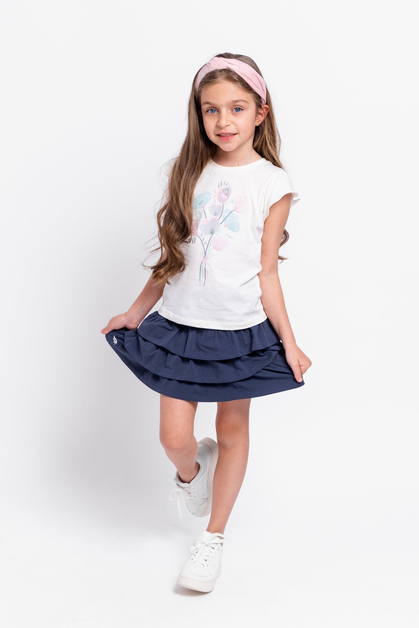 Cherubino Girls' Flutter Sleeve Floral Bouquet Tee in Ecru