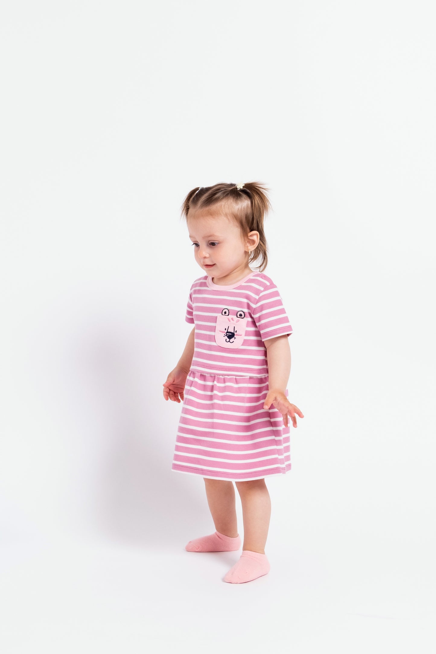 Short Sleeve Dress in (Mini Stripe) Pattern with Patch Pocket - Raspberry