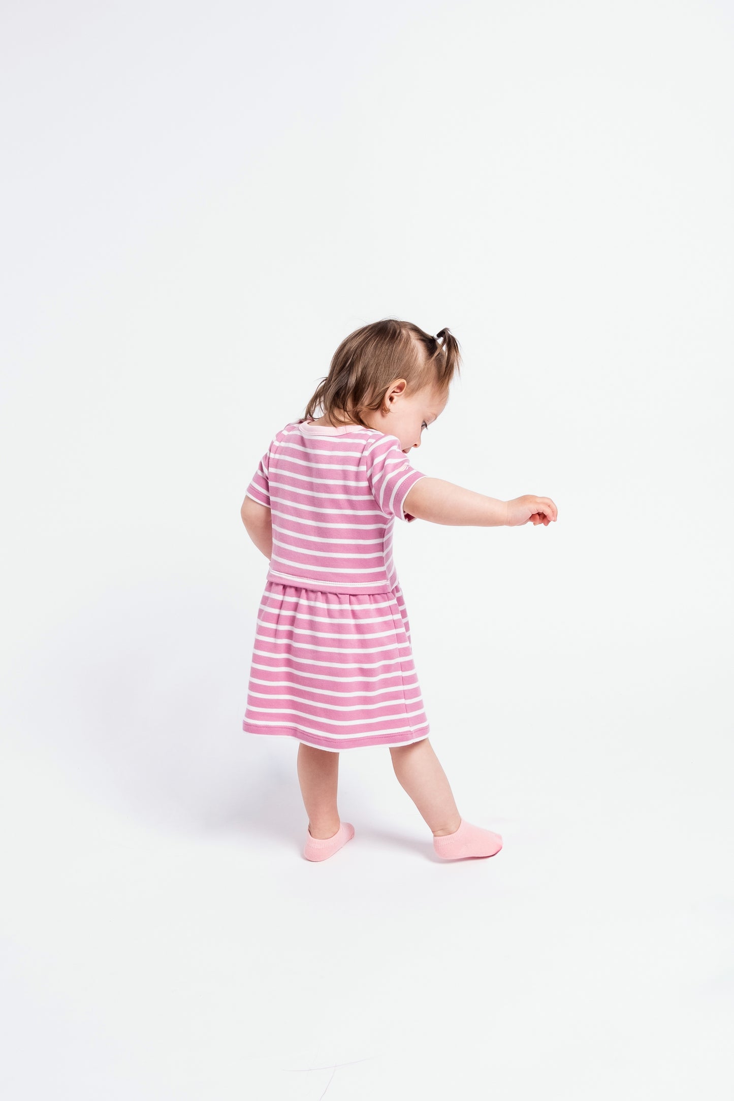 Short Sleeve Dress in (Mini Stripe) Pattern with Patch Pocket - Raspberry