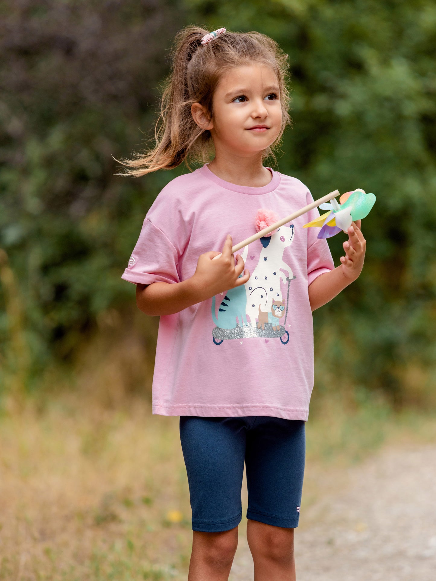 Short Sleeve T-Shirt With (Animal Friends) Embellished & Glitter Graphic - Pink