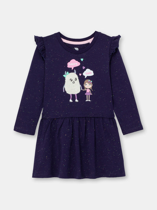 Long Sleeve Dress with Monster Friends Graphic - Dark Blue