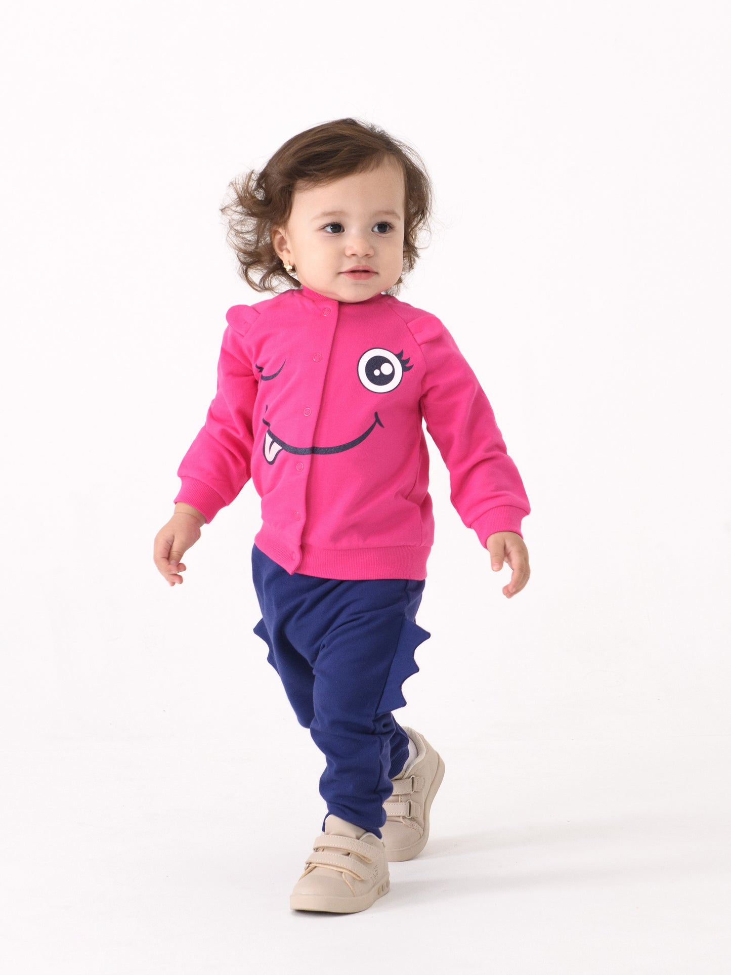 Bomber Jacket with Monster Face Graphic - Raspberry