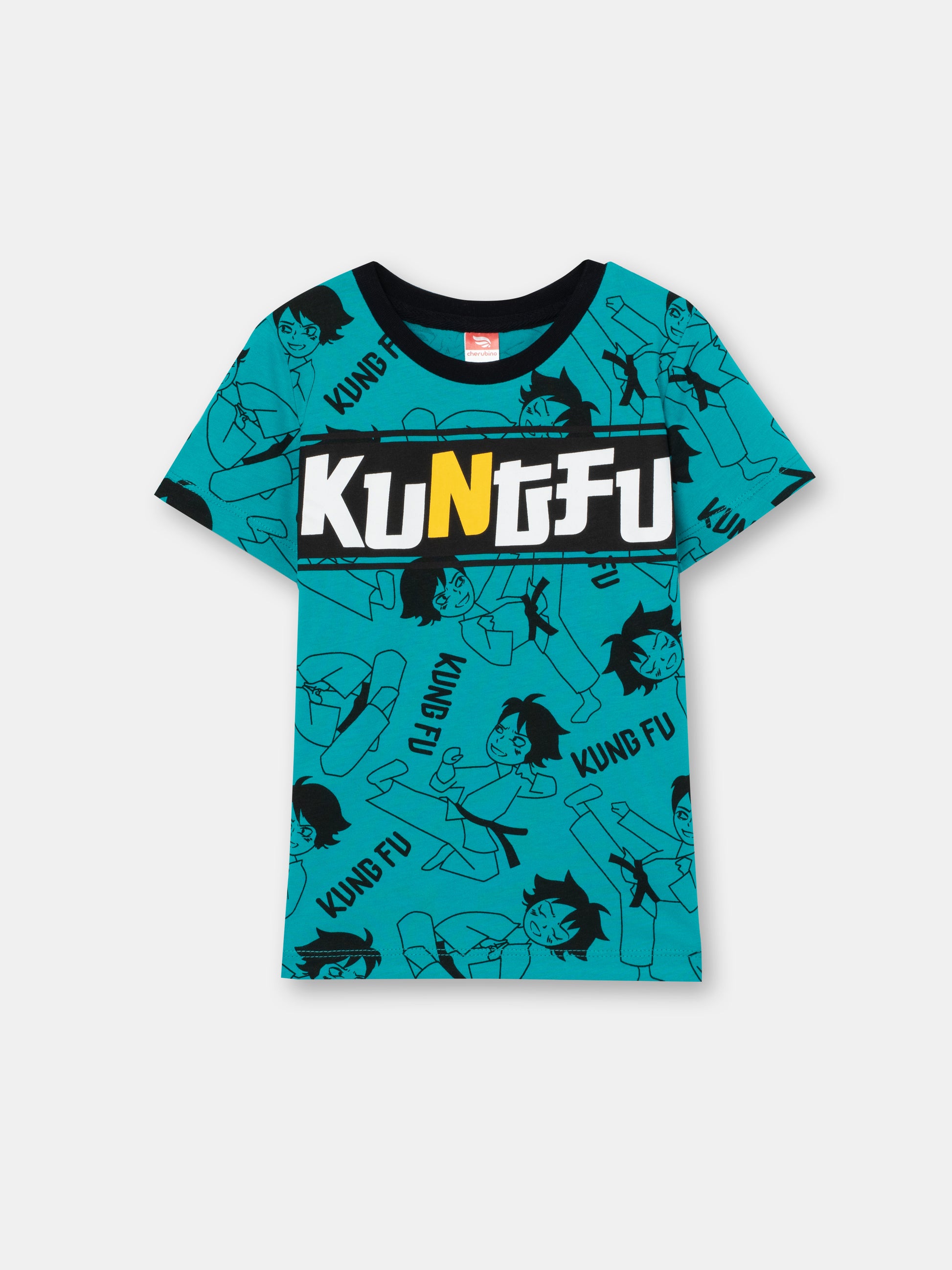 CWKB 62815-40-283 - Cherubino boys emerald t-shirt with kung fu master print - front