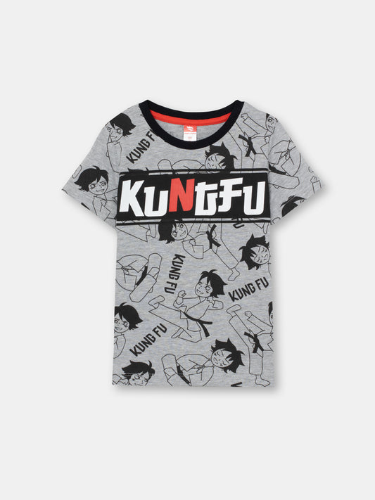 CWKB 62815-11-283 - Cherubino boys grey t-shirt with kung fu master print - front