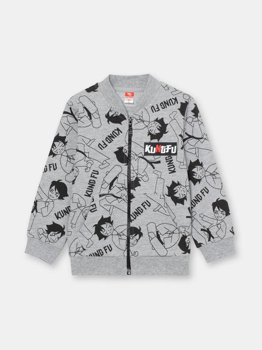 Boys Grey Hoodie with Kung Fu Master Print