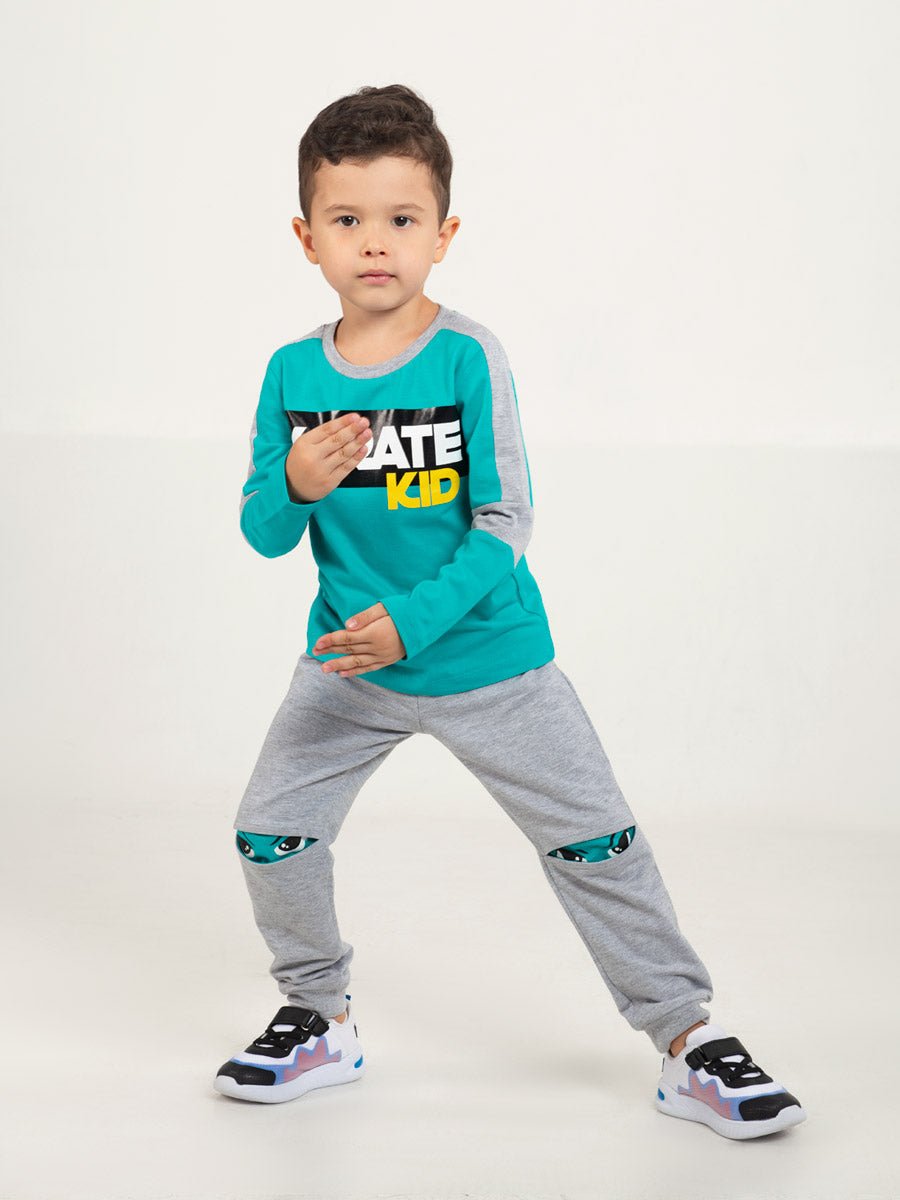 CWKB 70076-11-283 - Cherubino boys grey pants with kung fu eyes print - model2