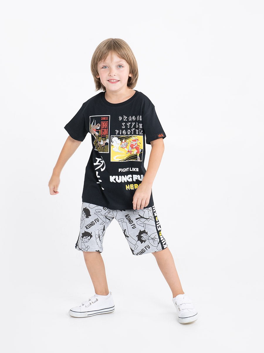 Boys Black T-shirt with Kung Fu Hero Print