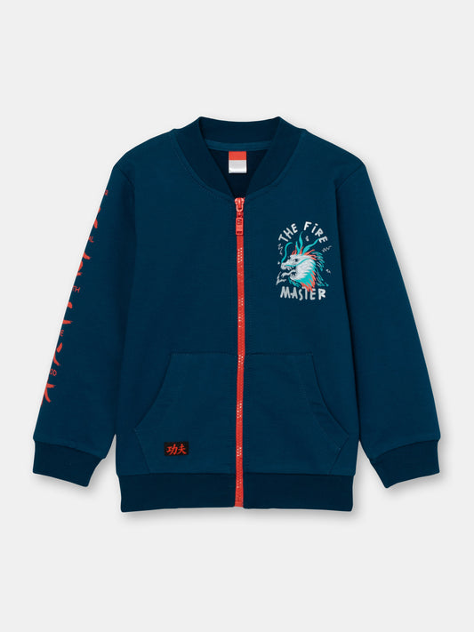 Boys Dark Blue Hoodie with Kung Fu Master Print