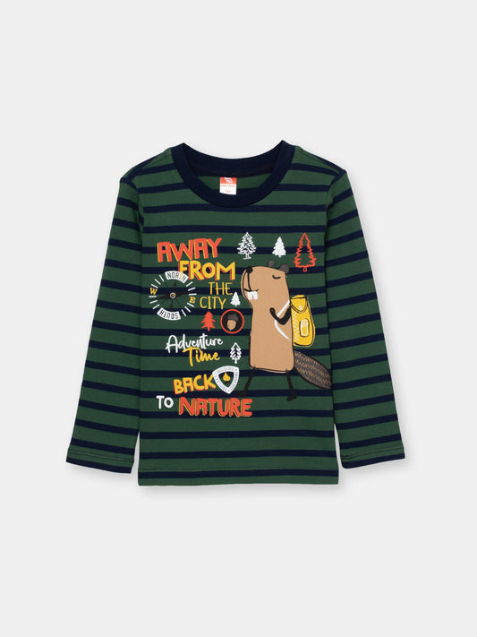 Boys Khaki Long Sleeve T-shirt with Cool Beaver Print