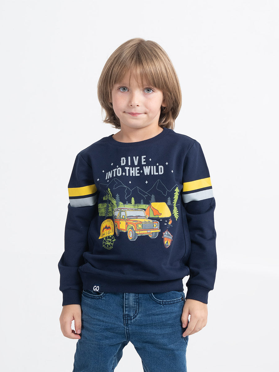Boys Dark Blue Sweatshirt with Dive Into World Print