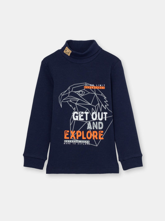 Boys Dark Blue Turtleneck with Explore Print