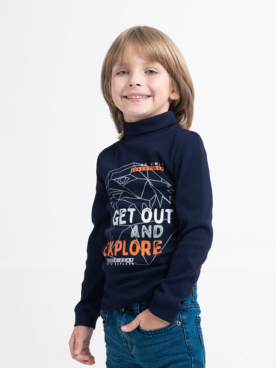 Boys Dark Blue Turtleneck with Explore Print
