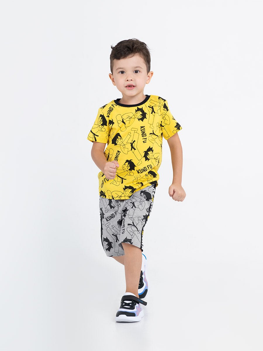 Boys Grey Shorts with Kung Fu Print