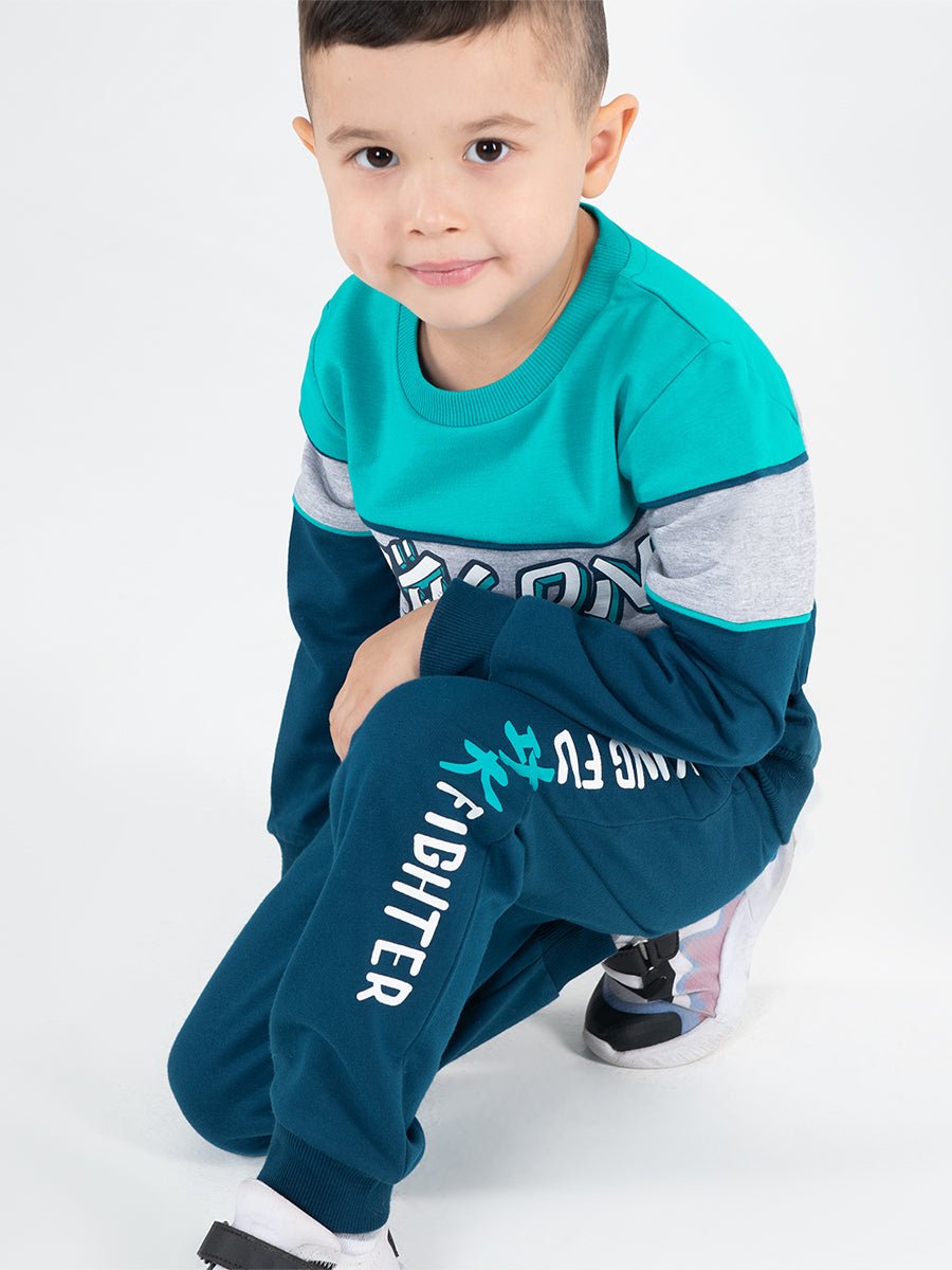 Boys Dark Blue Pants with Kung Fu Print