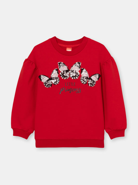 Girls Red Sweatshirt with Glitter Butterflies Print