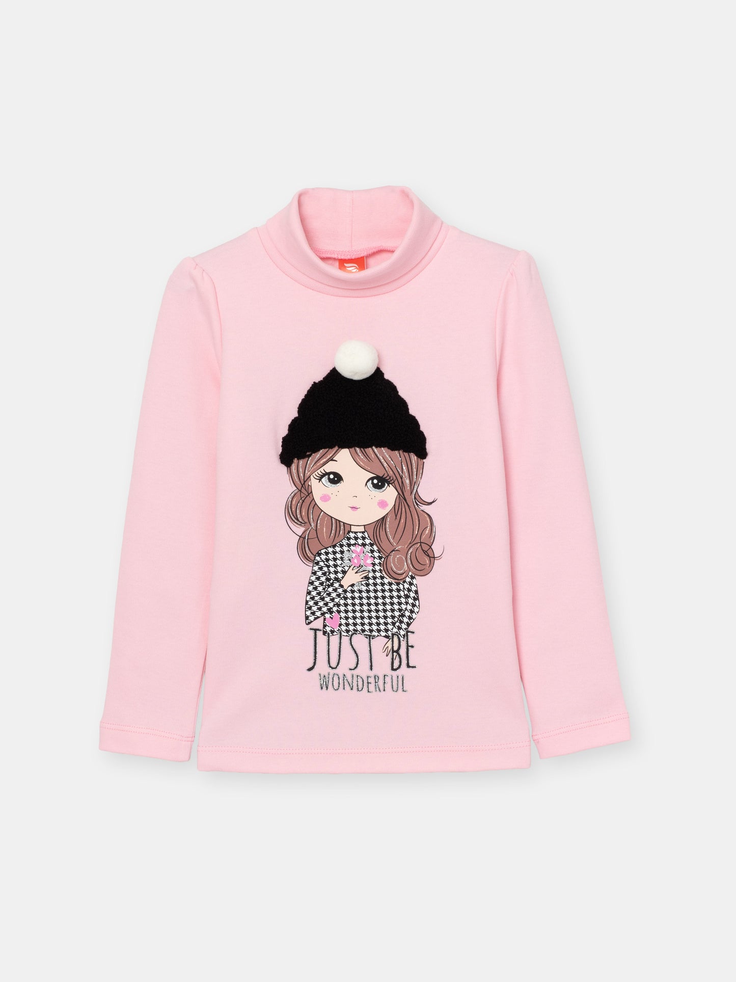 Girls Pink Turtleneck with Girl in Hat Print