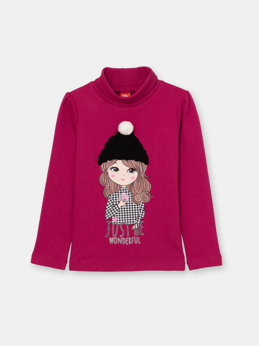 Girls Raspberry Turtleneck with Girl in Hat Print