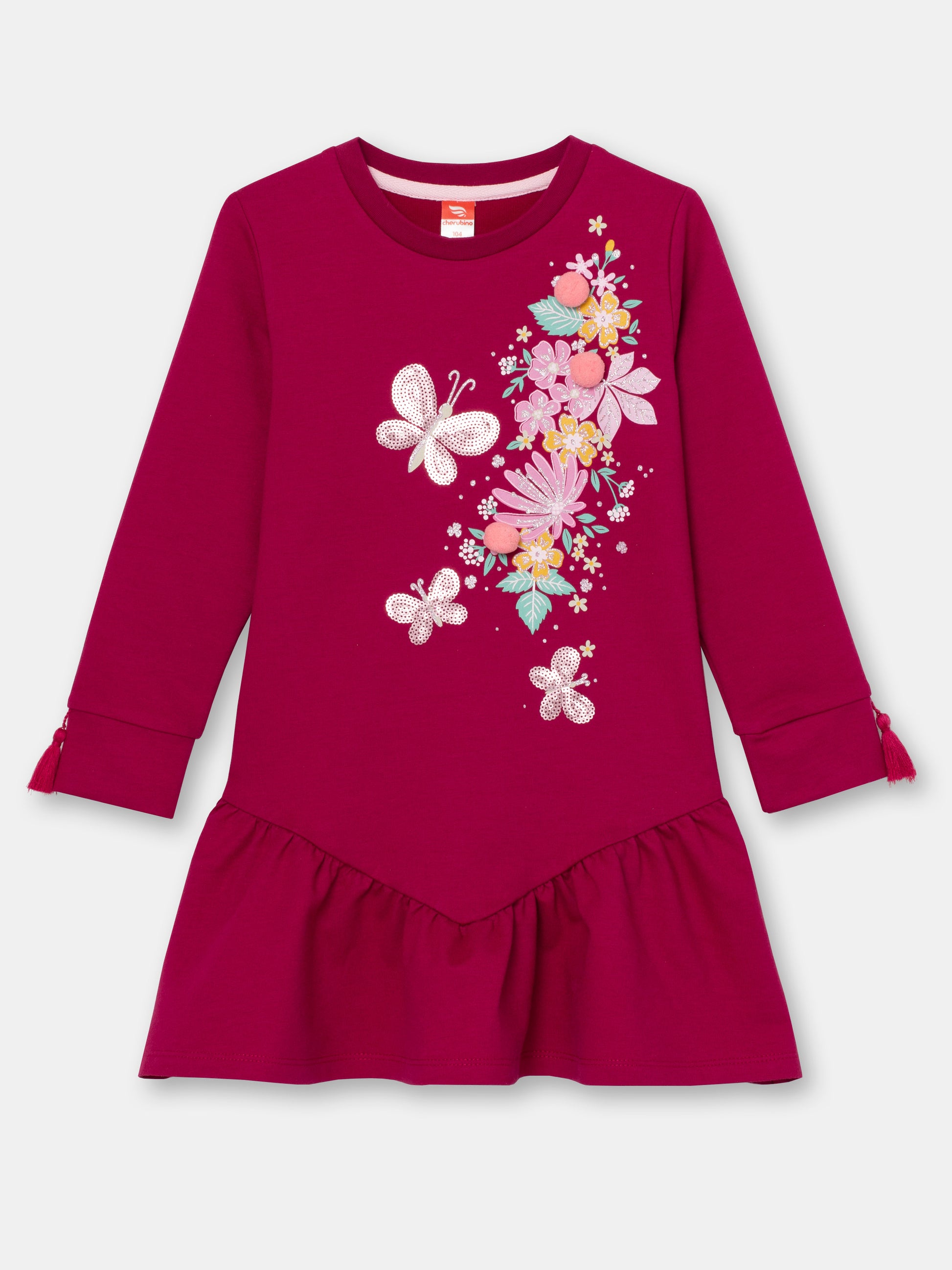 CWKG 62886-24-290 - Cherubino girls burgundy dress with flowers and butterflies print - front