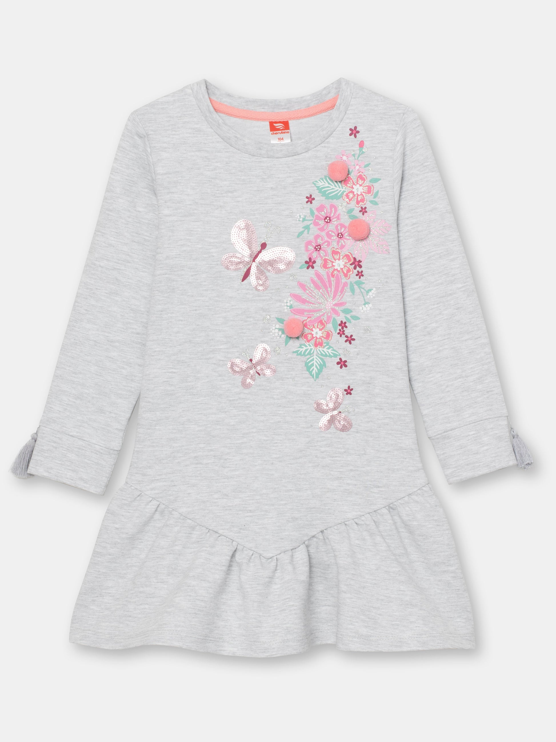 CWKG 62886-11-290 - Cherubino girls light grey melange dress with flowers and butterflies print - front