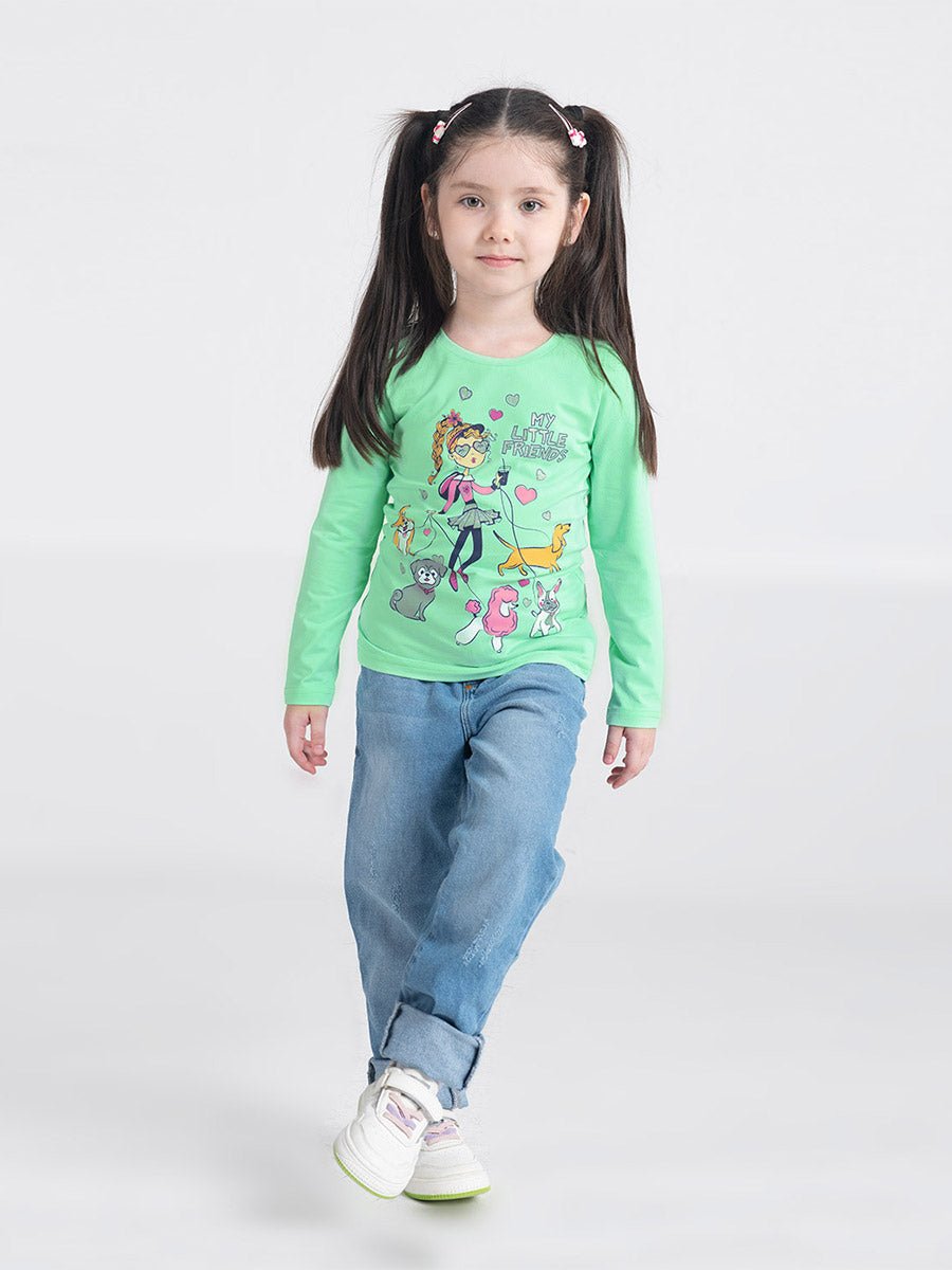 Girls Green Long Sleeve T-shirt with Little Friends Print