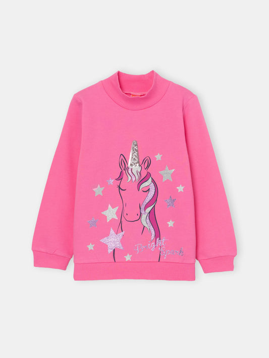 Girls Raspberry Turtleneck with Sparkling Unicorn Print