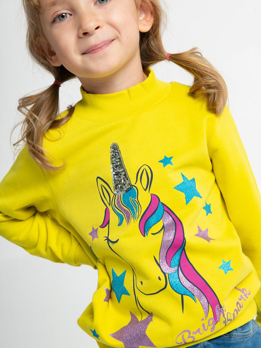 Girls Yellow Turtleneck with Sparkling Unicorn Print