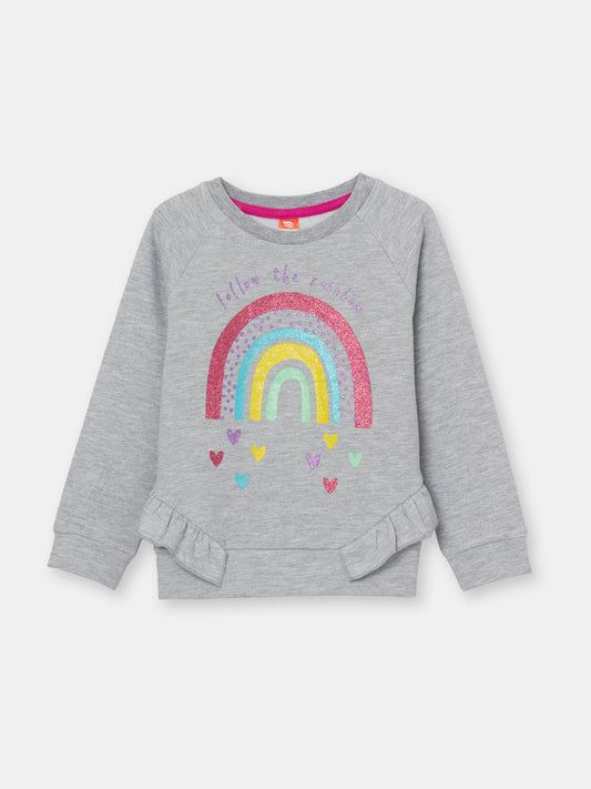 Girls Grey Sweatshirt with Follow the Rainbow Print