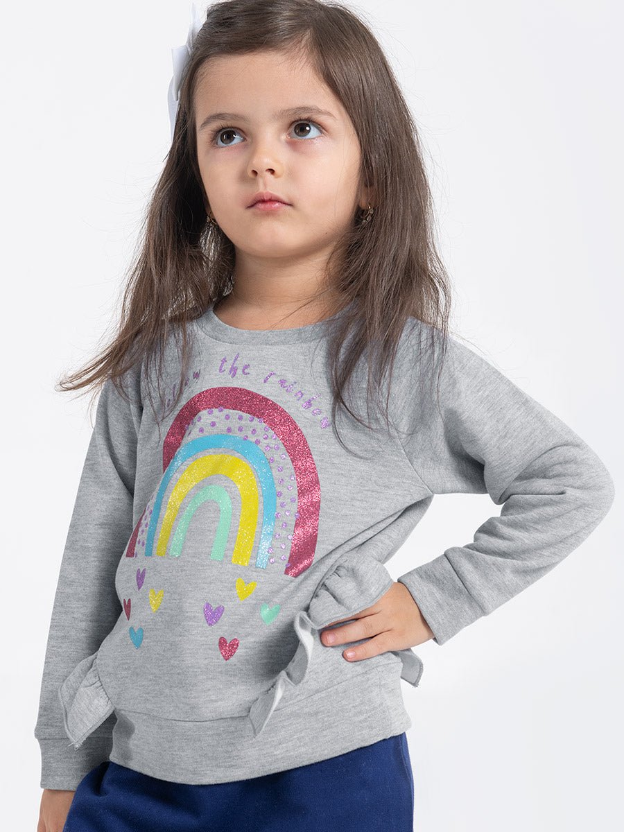 Girls Grey Sweatshirt with Follow the Rainbow Print