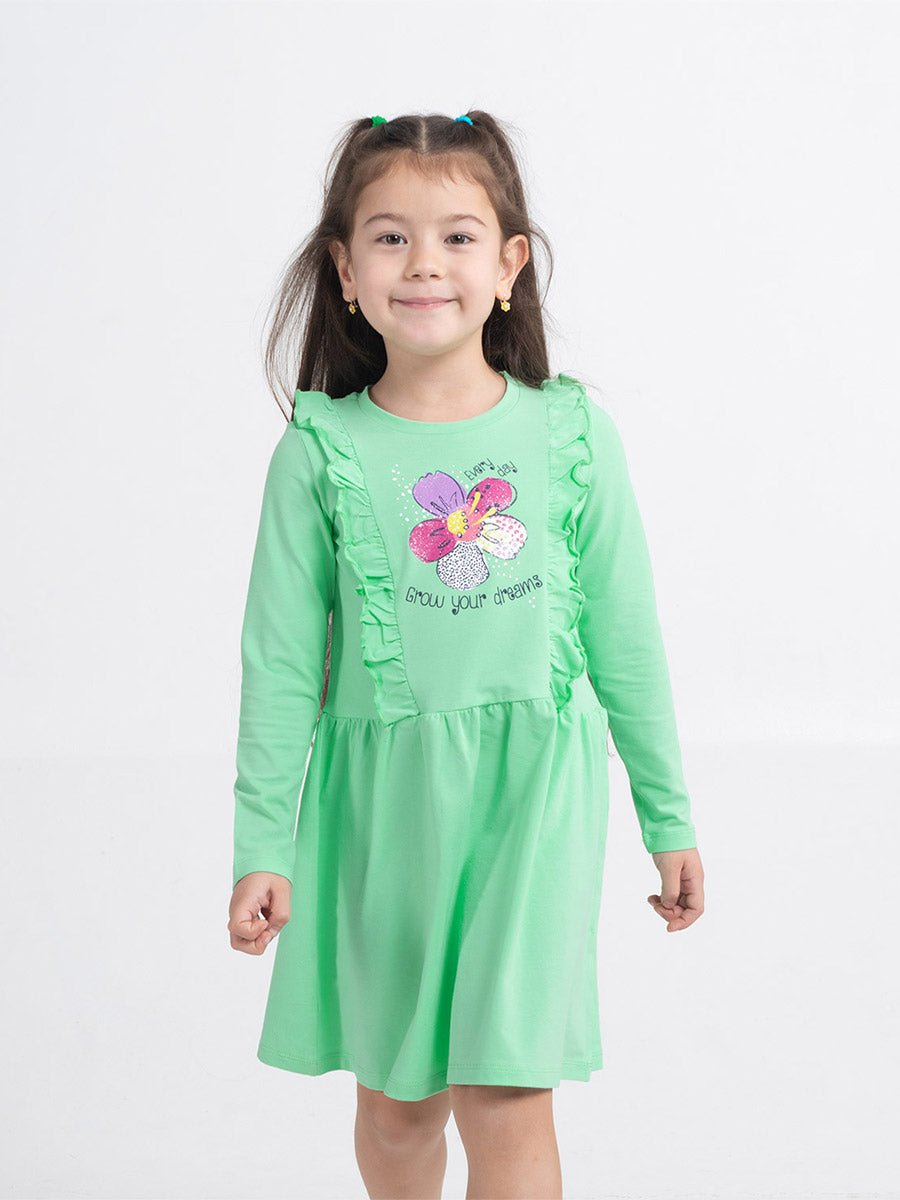 Girls Green Dress with Flower Print