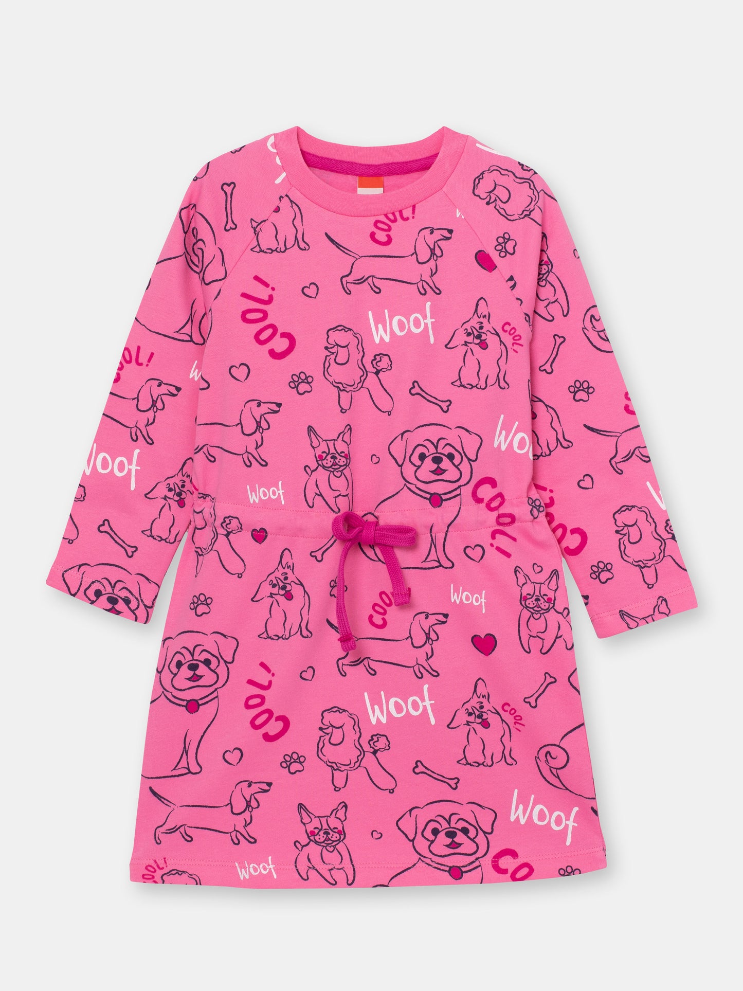 Girls Raspberry Long Sleeve Dress with Cute Puppies Print