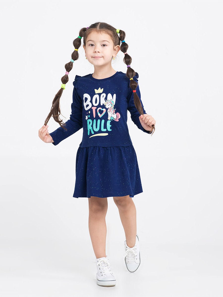 Girls Dark Blue Dress with Born to Rule Print