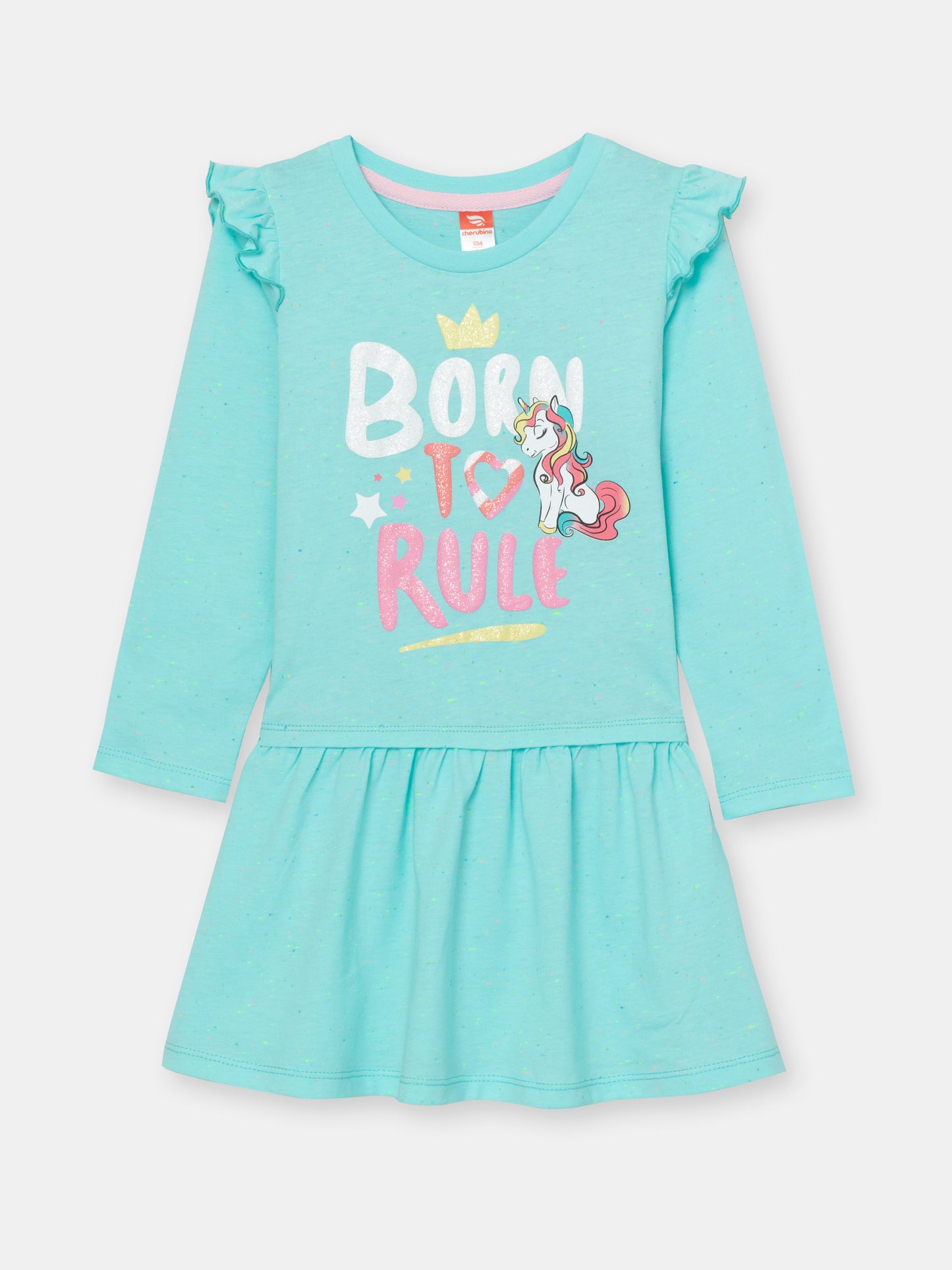 CWKG 62851-40-286 - Cherubino girls sky blue dress with born to rule print - front