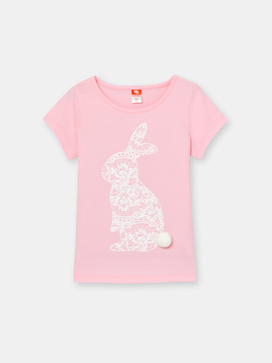 CWKG 62880-27-290 - Cherubino girls powder pink t-shirt with lace rabbit print - front