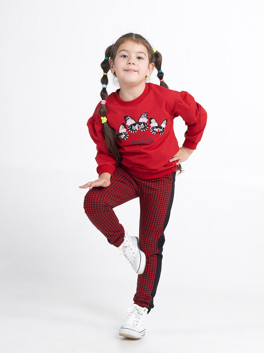 Girls Red Sweatshirt with Glitter Butterflies Print