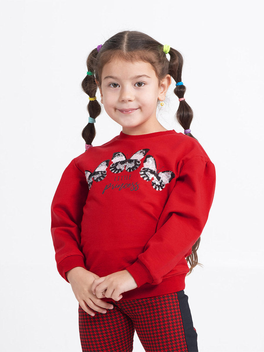 Girls Red Sweatshirt with Glitter Butterflies Print