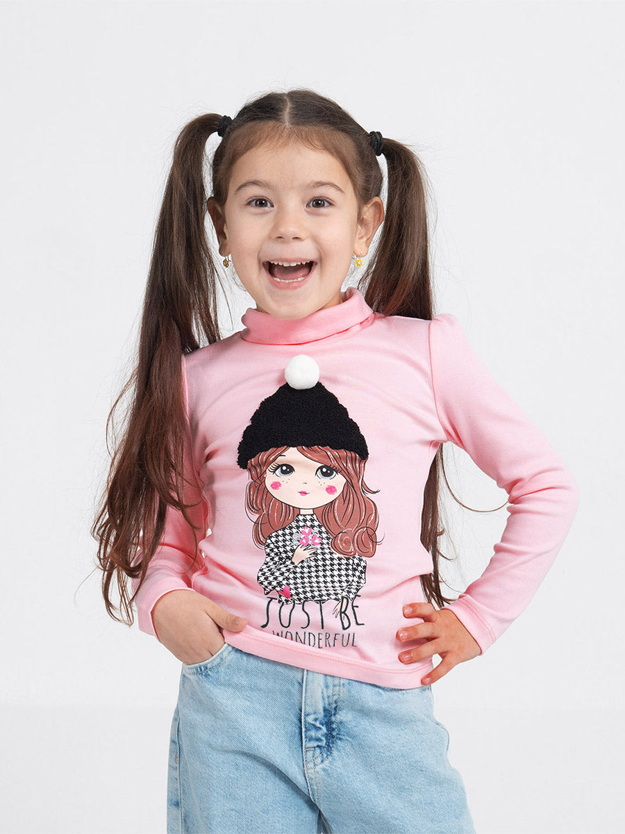 Girls Pink Turtleneck with Girl in Hat Print