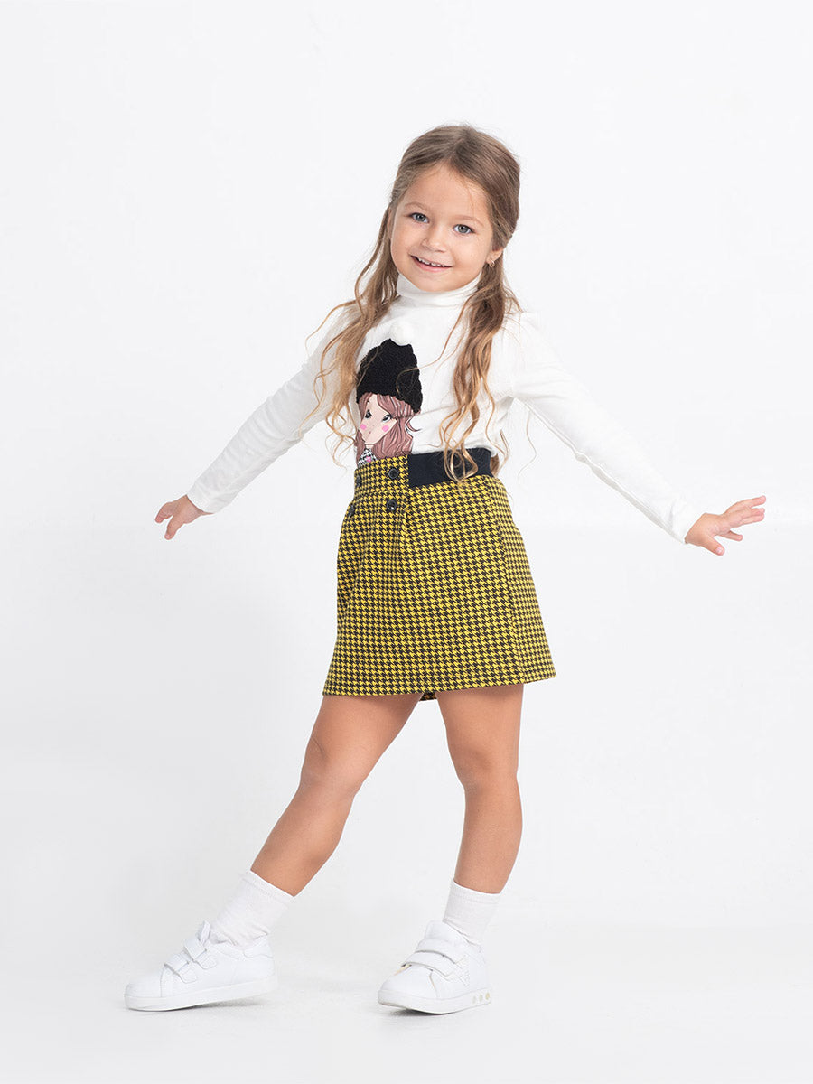 Girls White Turtleneck with Girl in Hat Print