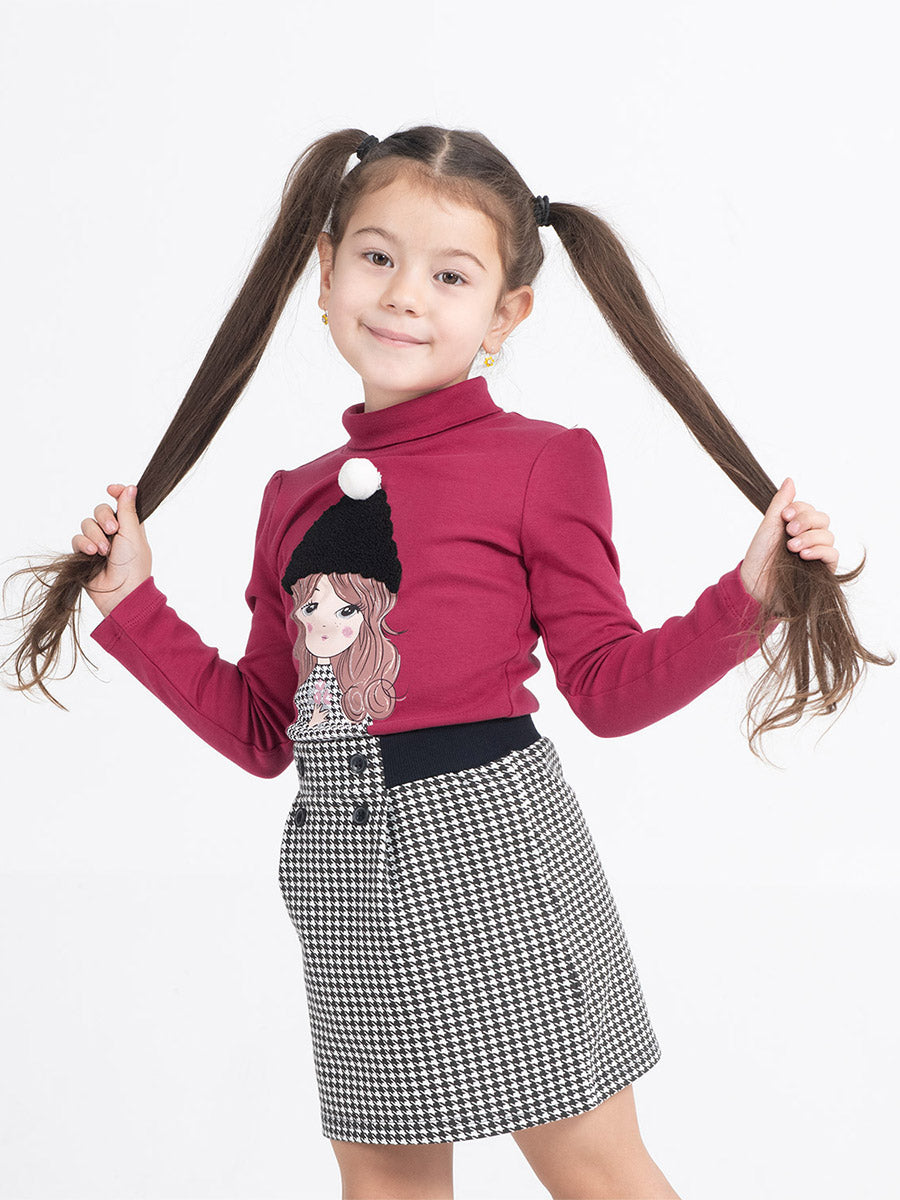 Girls Raspberry Turtleneck with Girl in Hat Print