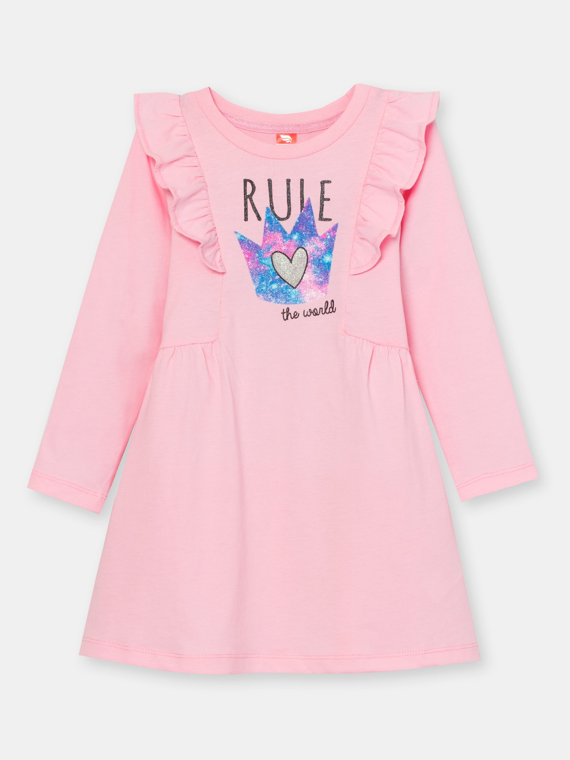 CWKG 62887-27-290 - Cherubino girls powder pink dress with rule the world print - front