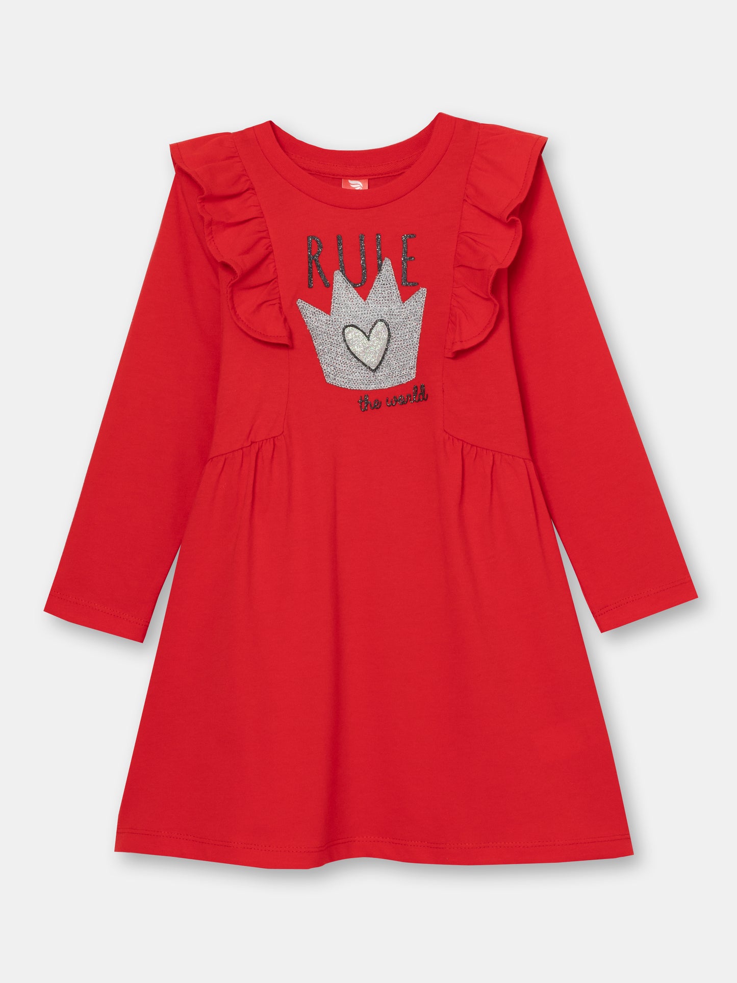 CWKG 62887-26-290 - Cherubino girls candy apple red dress with rule the world print - front