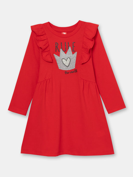 CWKG 62887-26-290 - Cherubino girls candy apple red dress with rule the world print - front